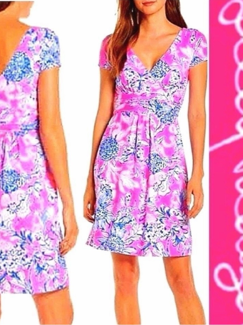 Extremely rare Lilly Pulitzer Pink and Blue Floral V-Neck Short Sleeve Dress